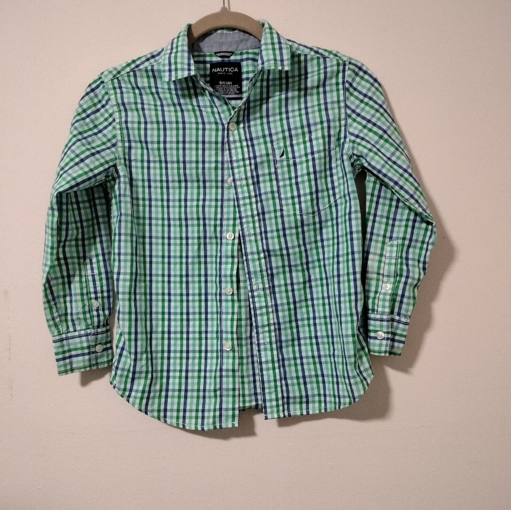 Nautica Kids Green Blue Checks Plaid Dress Shirt Top Youth Boy Sz CS 8
